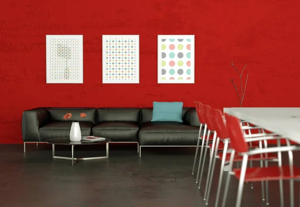 Mesa de jantar com sofá de couro e parede vermelha — Fotografia de Stock