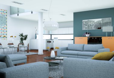 Modern parlak skandinavian iç tasarım oturma odası