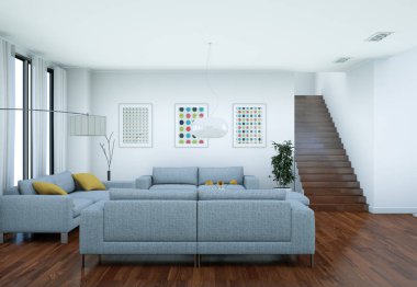 Modern parlak skandinavian iç tasarım oturma odası