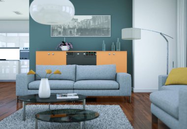 Modern parlak skandinavian iç tasarım oturma odası