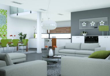 Modern parlak skandinavian iç tasarım oturma odası