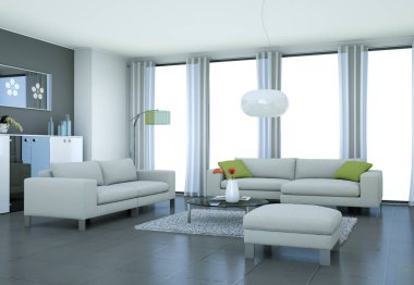 Modern parlak skandinavian iç tasarım oturma odası