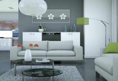 Modern parlak skandinavian iç tasarım oturma odası