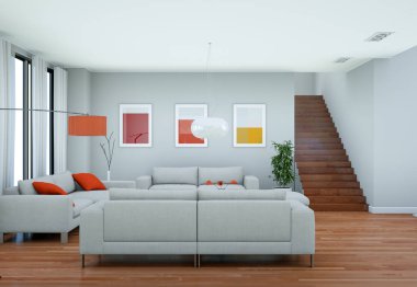 Modern parlak skandinavian iç tasarım oturma odası