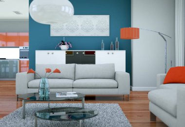 Modern parlak skandinavian iç tasarım oturma odası