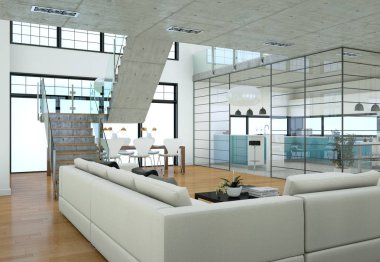 Minimalist çatı iç tasarım kanepeler ve beton duvarlar