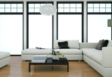 Minimalist çatı iç tasarım kanepeler ve beton duvarlar
