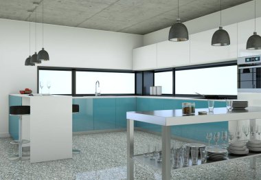 Minimalist çatı iç tasarım kanepeler ve beton duvarlar