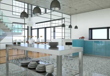 Minimalist çatı iç tasarım kanepeler ve beton duvarlar