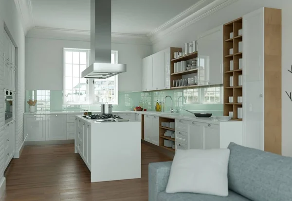 Branco moderna cozinha design de interiores ilustração — Fotografia de Stock