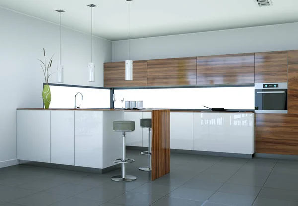 Современная иллюстрация дизайна интерьера кухни из дерева — стоковое фото