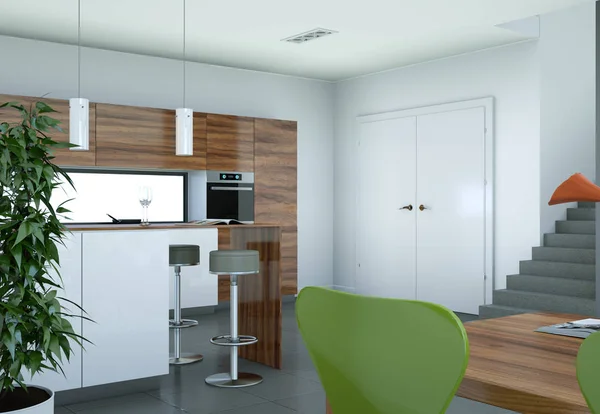 Cozinha moderna madeira design de interiores ilustração — Fotografia de Stock