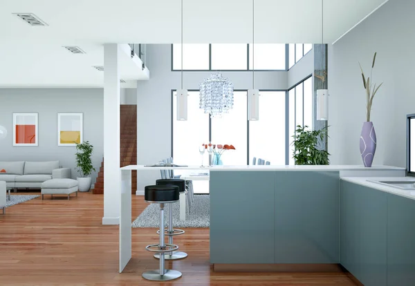 Moderna cozinha cinza design de interiores ilustração — Fotografia de Stock