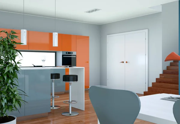 Moderna cozinha cinza design de interiores ilustração — Fotografia de Stock