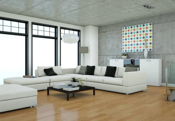 Diseño interior de loft minimalista con sofás y paredes de hormigón — Foto de Stock