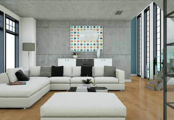 Minimalistic loft interior design with sofas and concrete walls — Stock Photo, Image