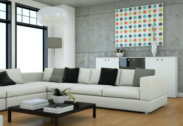 Minimalistic loft interior design with sofas and concrete walls