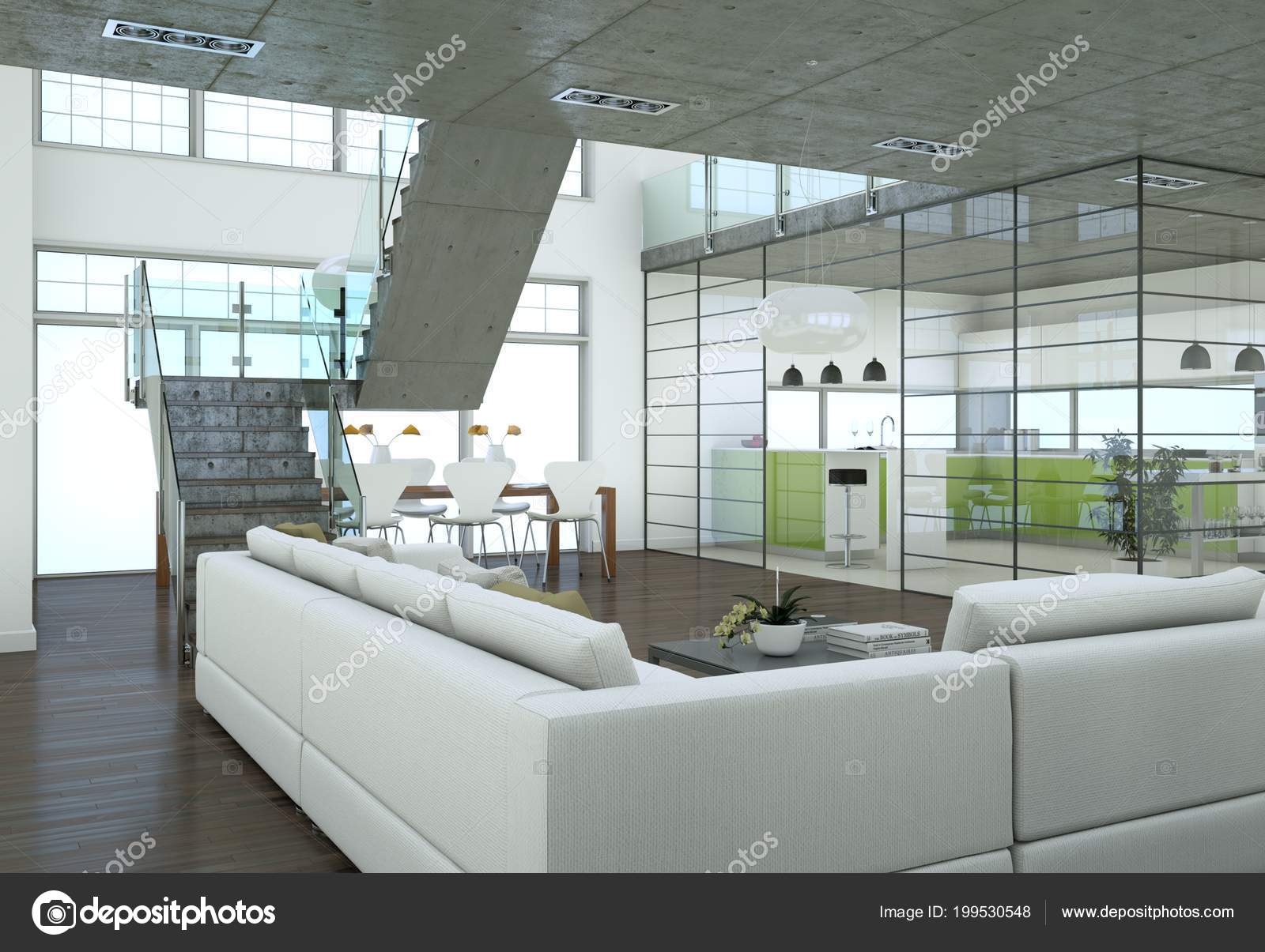 Minimalistic Loft Interior Design Sofas Concrete Walls Rendering Stock Photo Minimalistic Loft Interior Design Sofas Concrete Walls Rendering Stock Photo