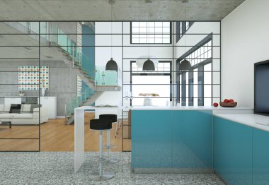 Minimalist çatı iç tasarım kanepeler ve beton duvarlar