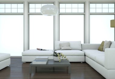 Minimalist çatı iç tasarım kanepeler ve beton duvarlar