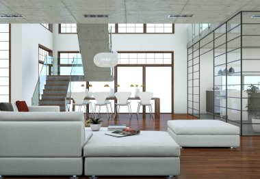 Minimalist çatı iç tasarım kanepeler ve beton duvarlar