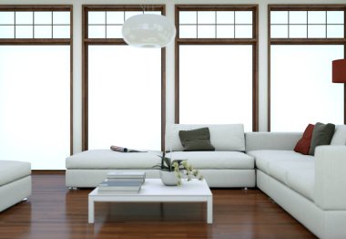 Minimalist çatı iç tasarım kanepeler ve beton duvarlar