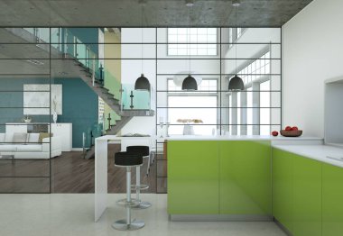 Çatı katında güzel tasarım ile yeşil modern mutfak
