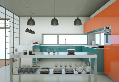 Çatı katında güzel tasarım ile mavi modern mutfak