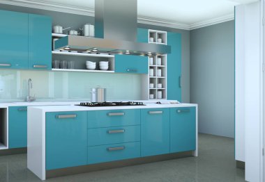 Güzel tasarımlı bir dairede mavi modern mutfak