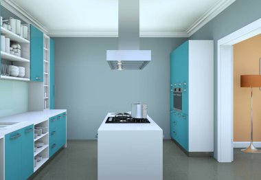 Güzel tasarımlı bir dairede mavi modern mutfak