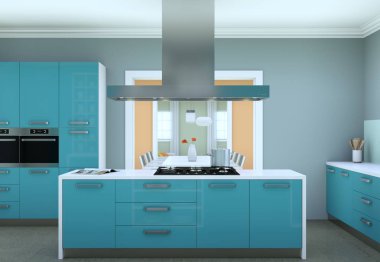 Güzel tasarımlı bir dairede mavi modern mutfak