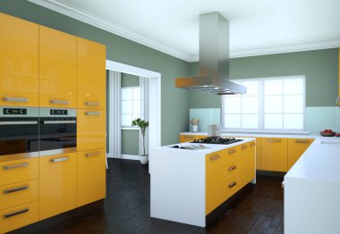 Güzel tasarımlı bir apartman dairesinde sarı modern mutfak