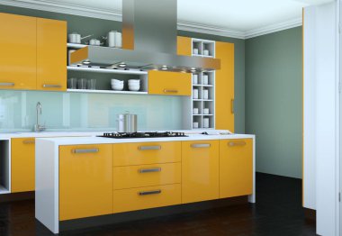 Güzel tasarımlı bir apartman dairesinde sarı modern mutfak