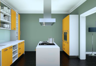 güzel tasarımlı bir apartman dairesinde sarı modern mutfak 3D çizimi