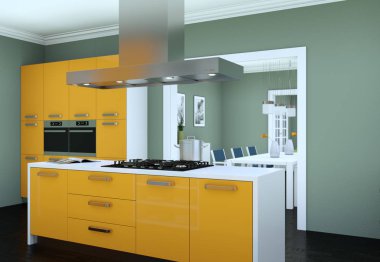 Güzel tasarımlı bir apartman dairesinde sarı modern mutfak