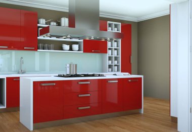 Güzel tasarımlı bir dairede kırmızı modern mutfak