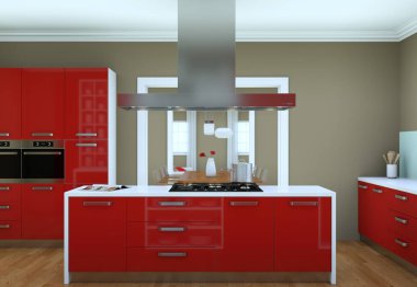 Güzel tasarımlı bir dairede kırmızı modern mutfak