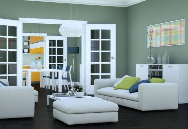 Modern aydınlık oturma odası iç tasarım kanepeler ile