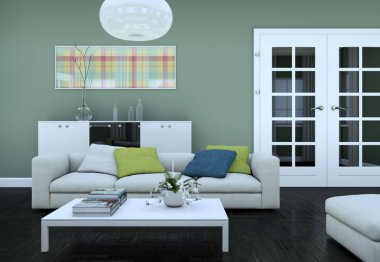 Modern aydınlık oturma odası iç tasarım kanepeler ile