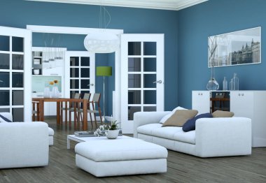 Modern aydınlık oturma odası iç tasarım kanepeler ile