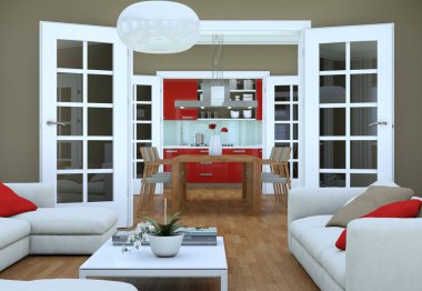 Modern aydınlık oturma odası iç tasarım kanepeler ile