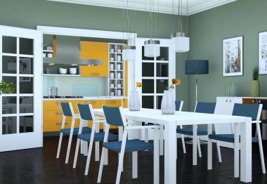 Yemek odası iç tasarım modern daire içinde 3d çizim