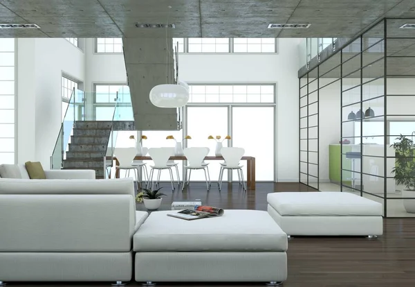 Minimalistik desain interior loteng dengan sofa dan dinding beton — Stok Foto