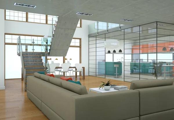 Loft minimalistyczny wystrój wnętrz z sofy i betonowe ściany — Zdjęcie stockowe