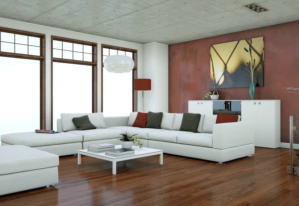 Design de interiores loft minimalista com sofás e paredes de concreto — Fotografia de Stock