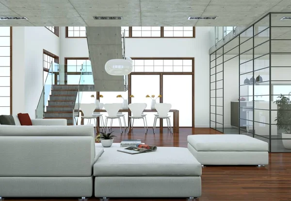 Design de interiores loft minimalista com sofás e paredes de concreto — Fotografia de Stock