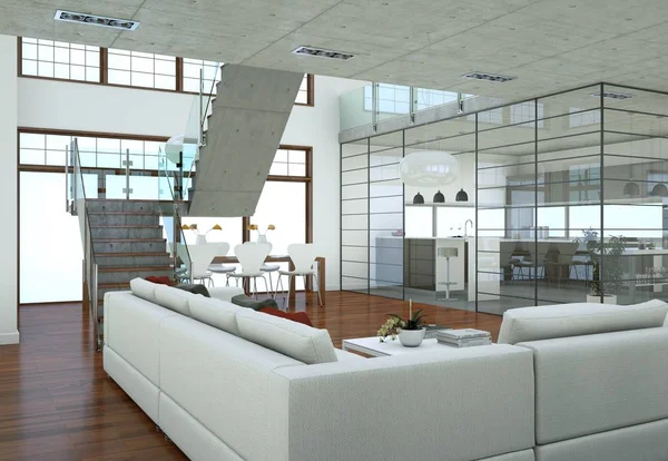 Минималистичный дизайн интерьера лофта с диванами и бетонными стенами — стоковое фото