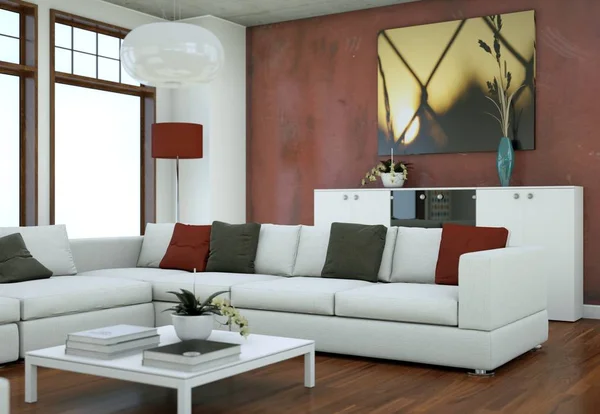 ソファとコンクリートの壁でミニマルなロフトのインテリア デザイン — ストック写真