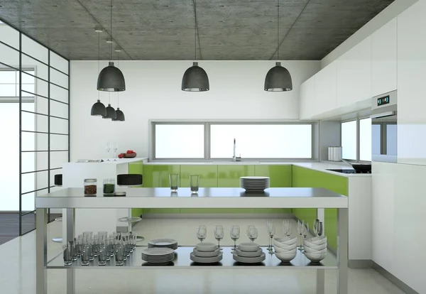 Groene moderne keuken in een loft met prachtig design — Stockfoto