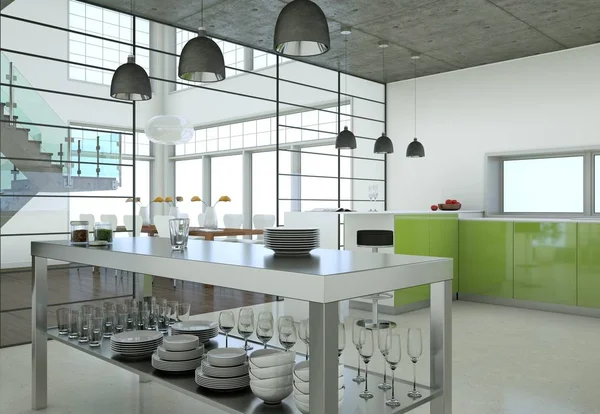 Green modern kitchen in a loft with beautiful design — Stock Photo, Image